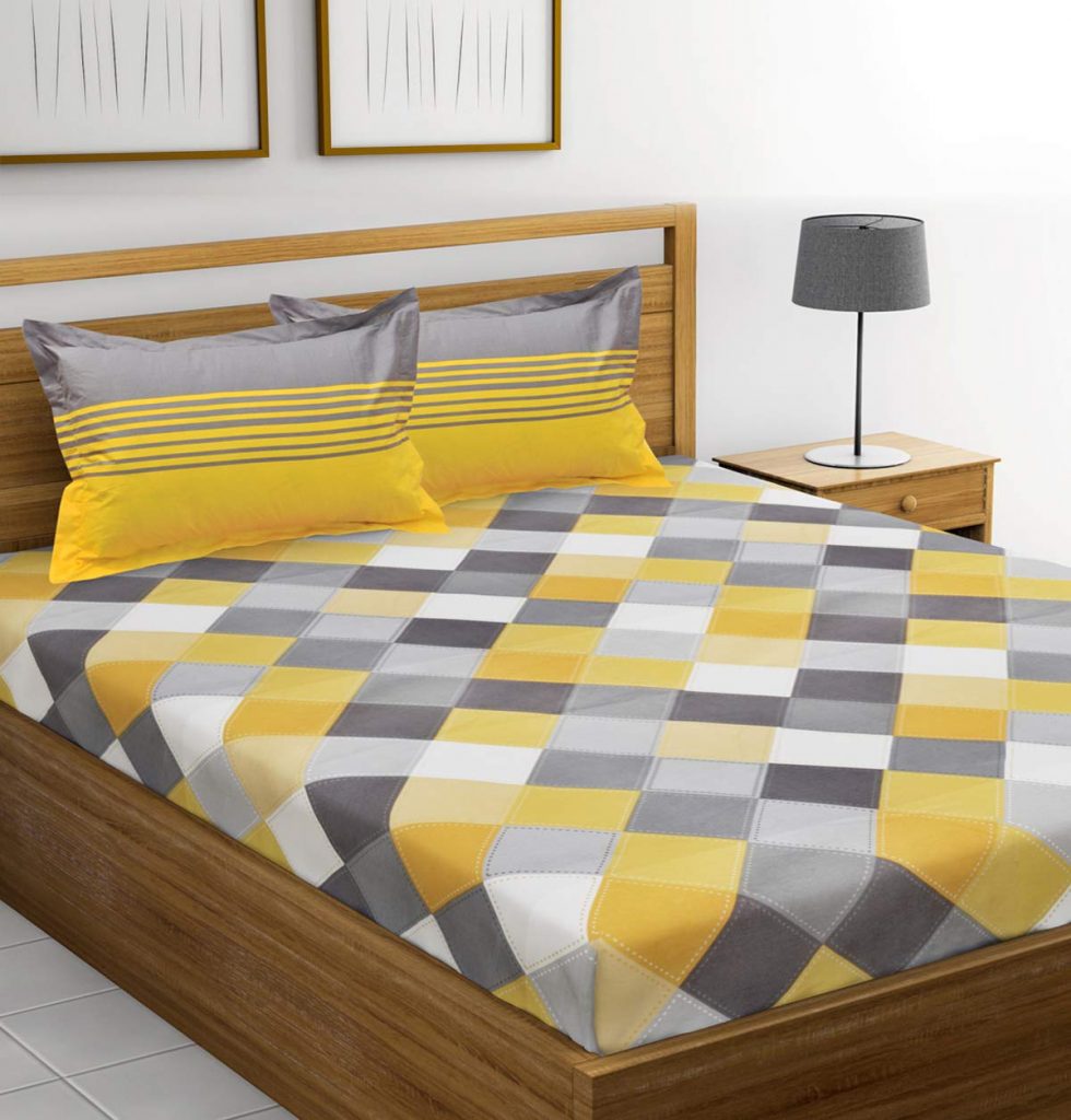 Cotton 144 TC Cotton Double Bedsheet with 2 Pillow Covers - Yellow, Grey