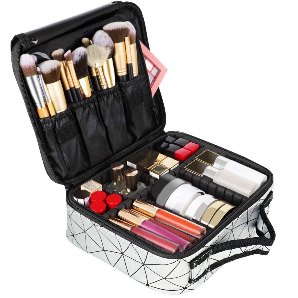 House of Quirk Makeup Cosmetic Storage Case with Adjustable Compartment (Silver Diamond)