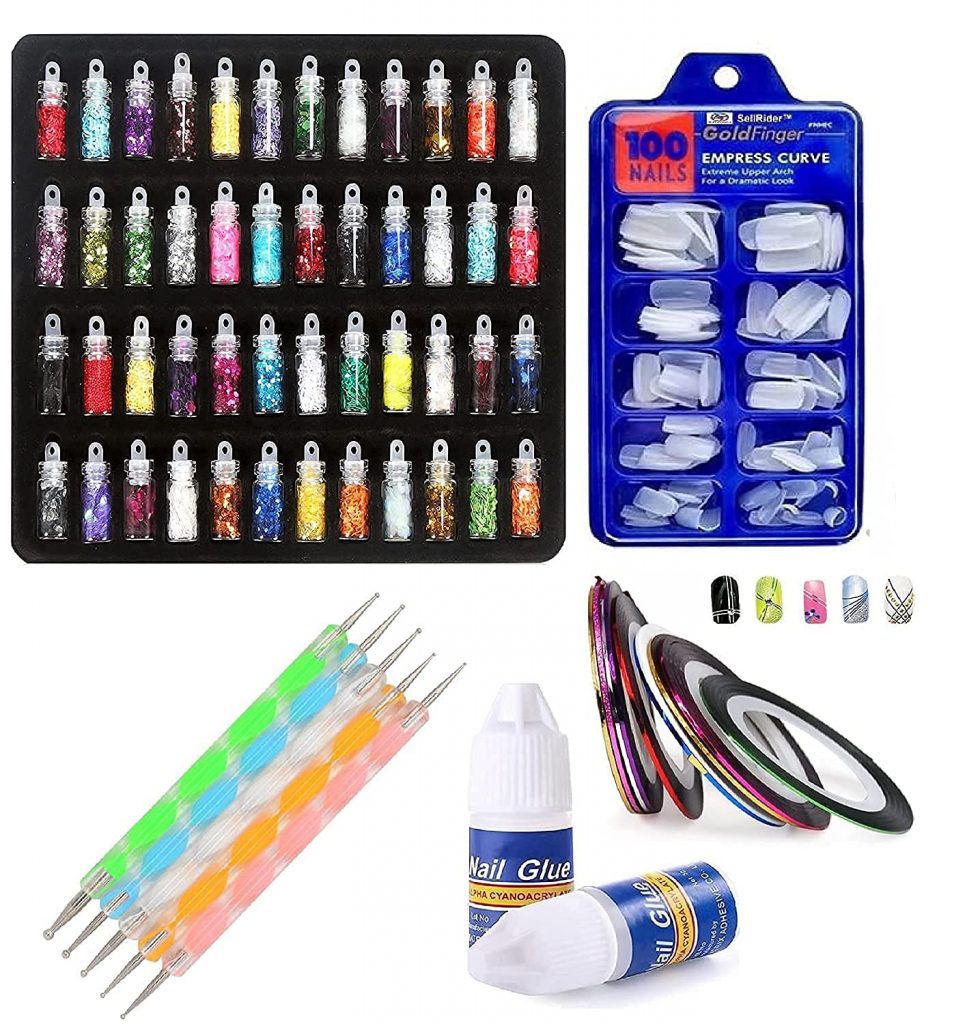 Nail Art kit 48 Glass Bottles Glitter Stones,100 Nails,10 Round Tape & Two Way 5 Dotting with 2 Glue (Nail Art Kit)