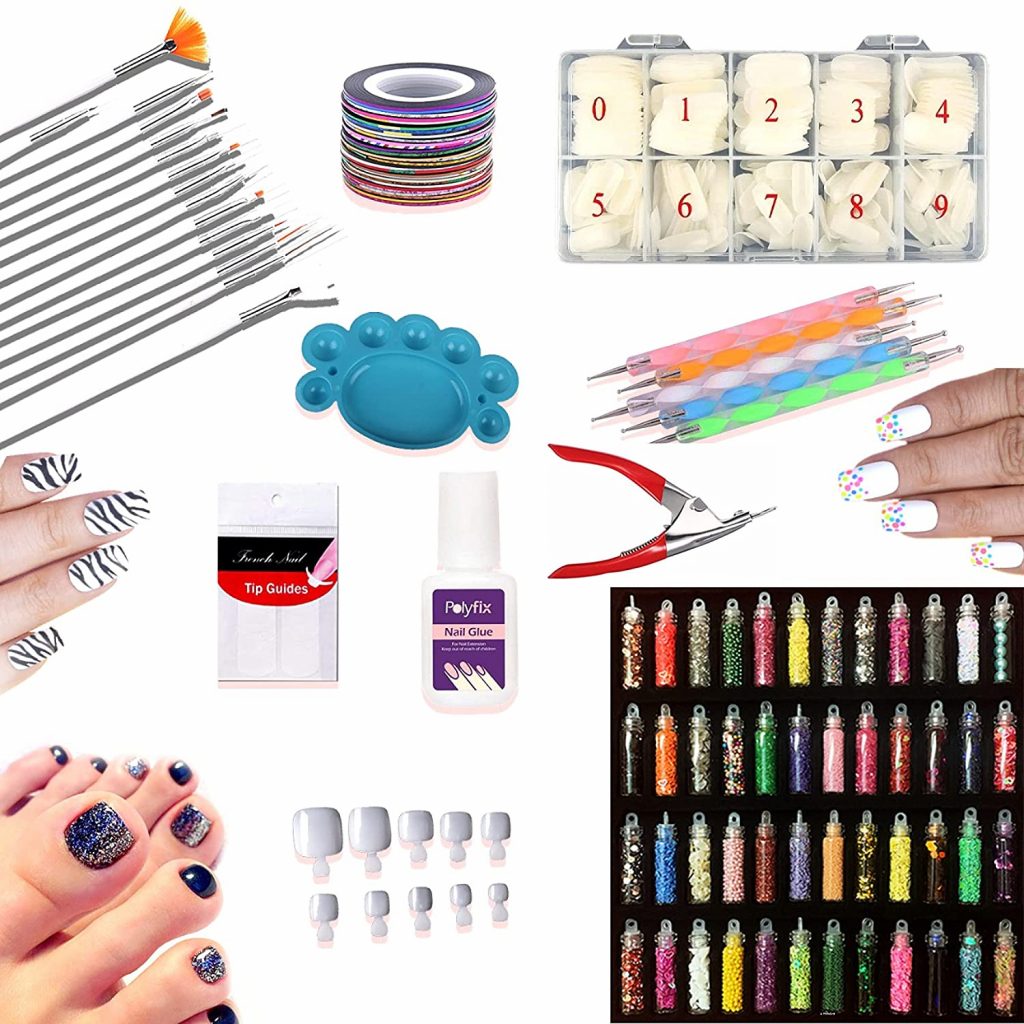 Nail Art Kit with Nail Extension set (Set of 1080 pcs) 48 Nail Art Glitter, 5 Dotting Tool,15 Nail art Brushes, Palette, 5 Adhesive Nail Striping Tape, nail glue, 4 French strips, 1000 fake nail tips including toe extensions, tip cutter