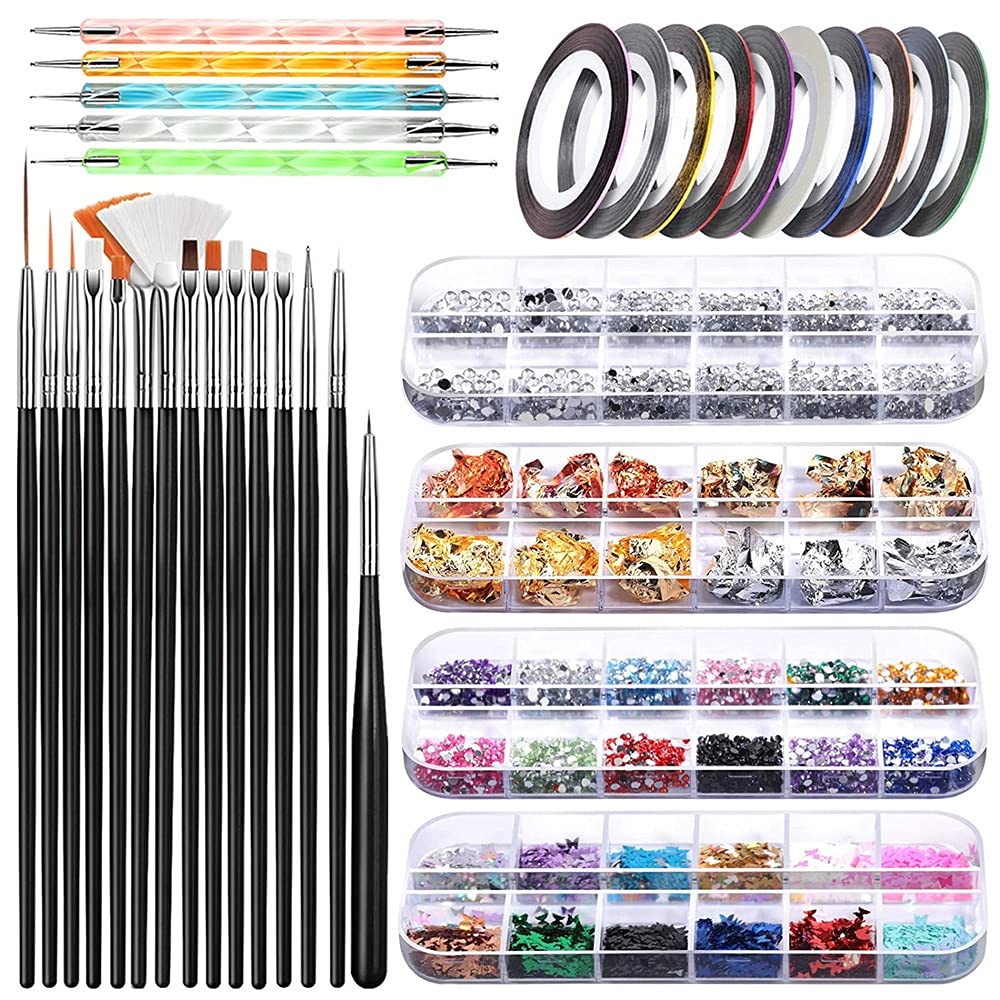 Nail Art Stamping Kit 3D Nail Art Decorations Kit with Nail Art Brushes Dotting Tools Holographic Nail Art Stickers Nail Foil Tape Strips and Nails Art Rhinestones (39pcs)